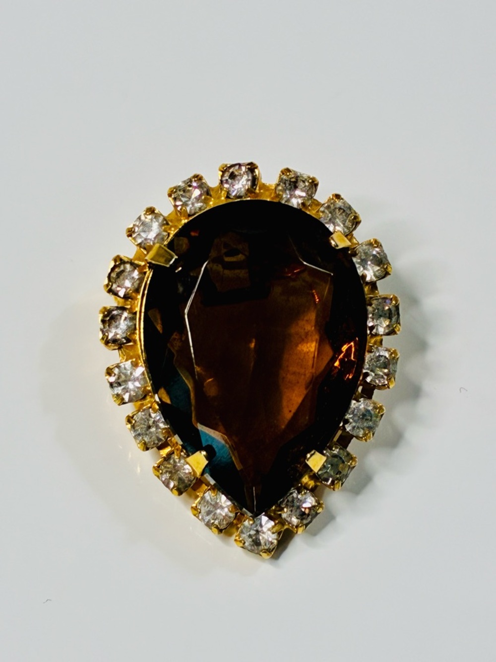 Nordstrom Gold-Tone Brooch with Brown Teardrop Stone and Clear Crystals